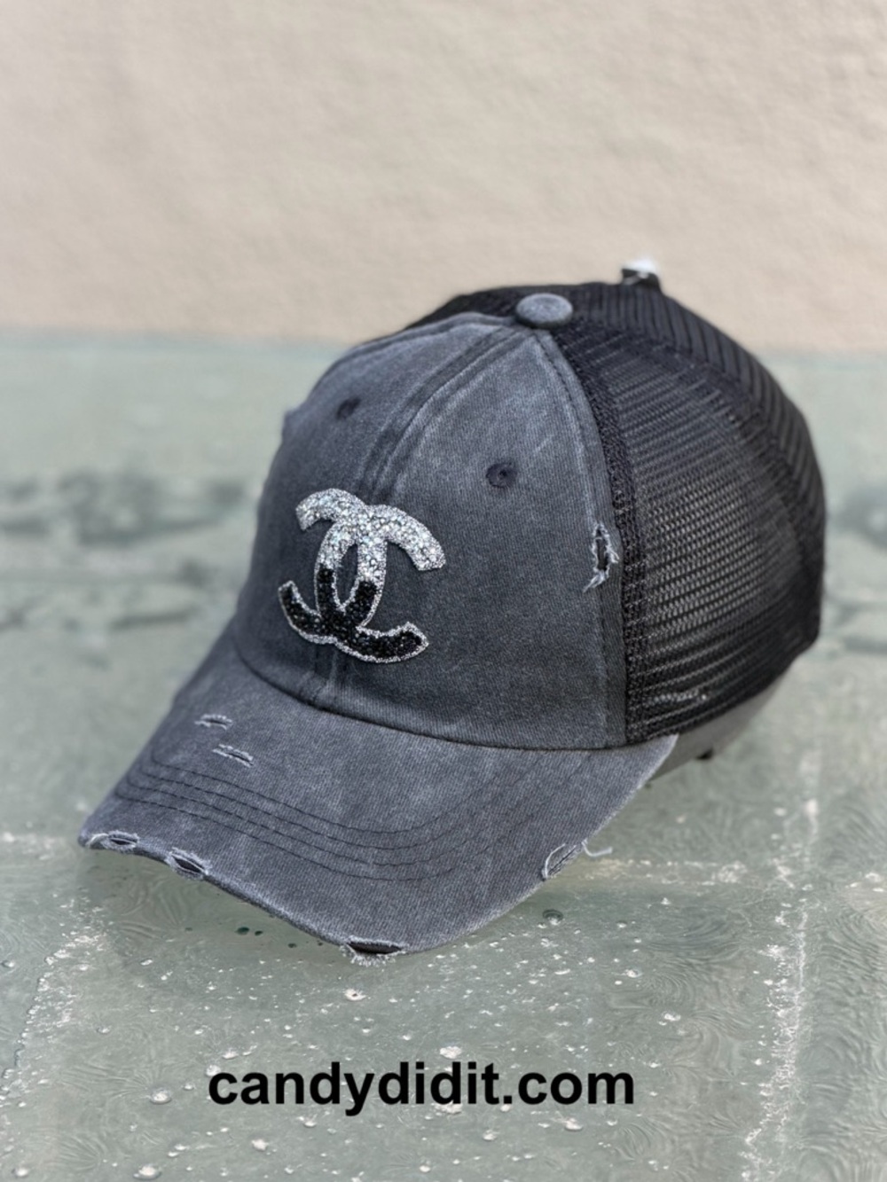 NWT Handmade Designer Look Ball Cap With Silver & Black Ombré Crystal Logo - Picture 8 of 11